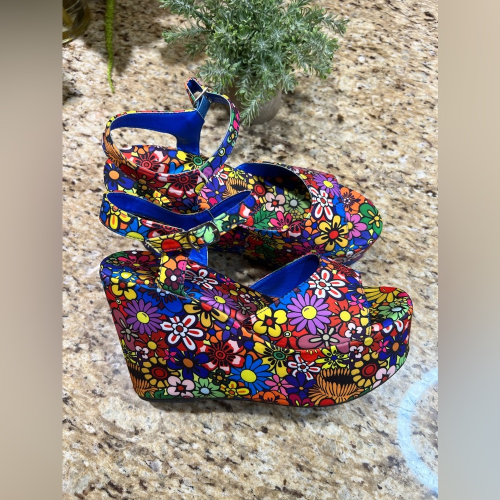 Unilody Floral Pattern Ankle Strap Platform Wedge Open Toe Sandals 10